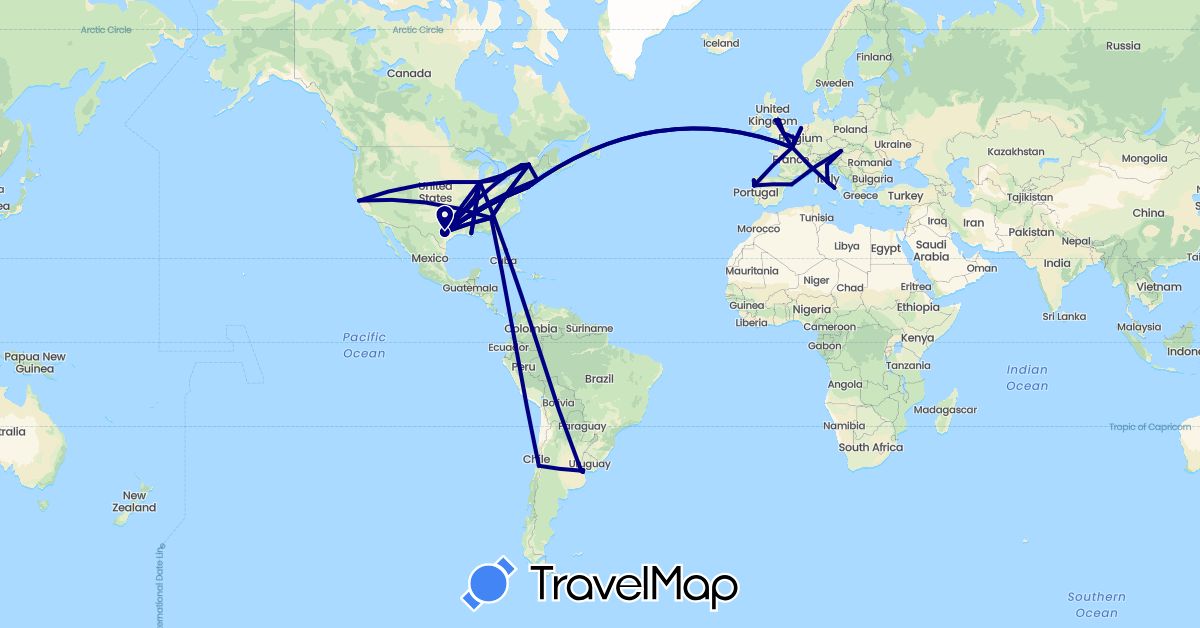 TravelMap itinerary: driving in Argentina, Austria, Canada, Chile, Spain, France, United Kingdom, Italy, Netherlands, Portugal, United States, Uruguay (Europe, North America, South America)